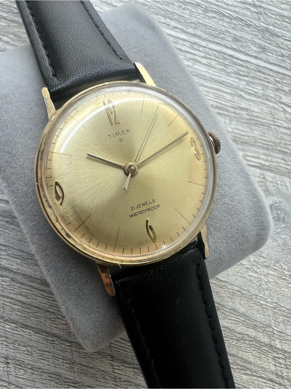 Timex Marlin mechanical 21Jewel Gold Dial Dress Watch with Black Leather Strap